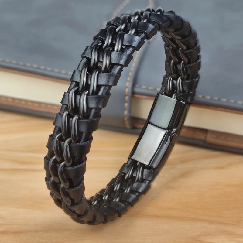 Genuine Leather Chain Bracelet for Men Stainless Steel Clasp