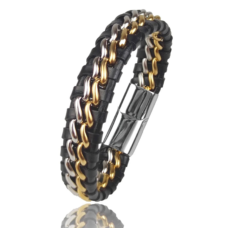 Genuine Leather Chain Bracelet for Men Stainless Steel Clasp