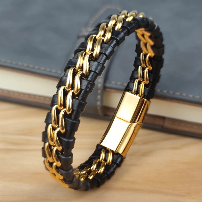 Genuine Leather Chain Bracelet for Men Stainless Steel Clasp