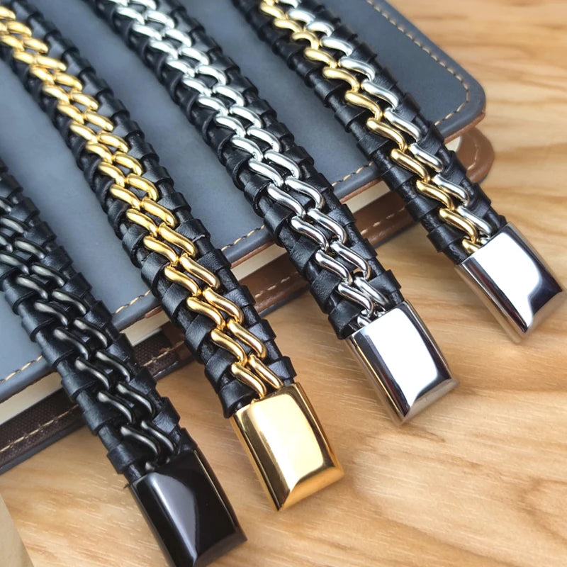 Genuine Leather Chain Bracelet for Men Stainless Steel Clasp