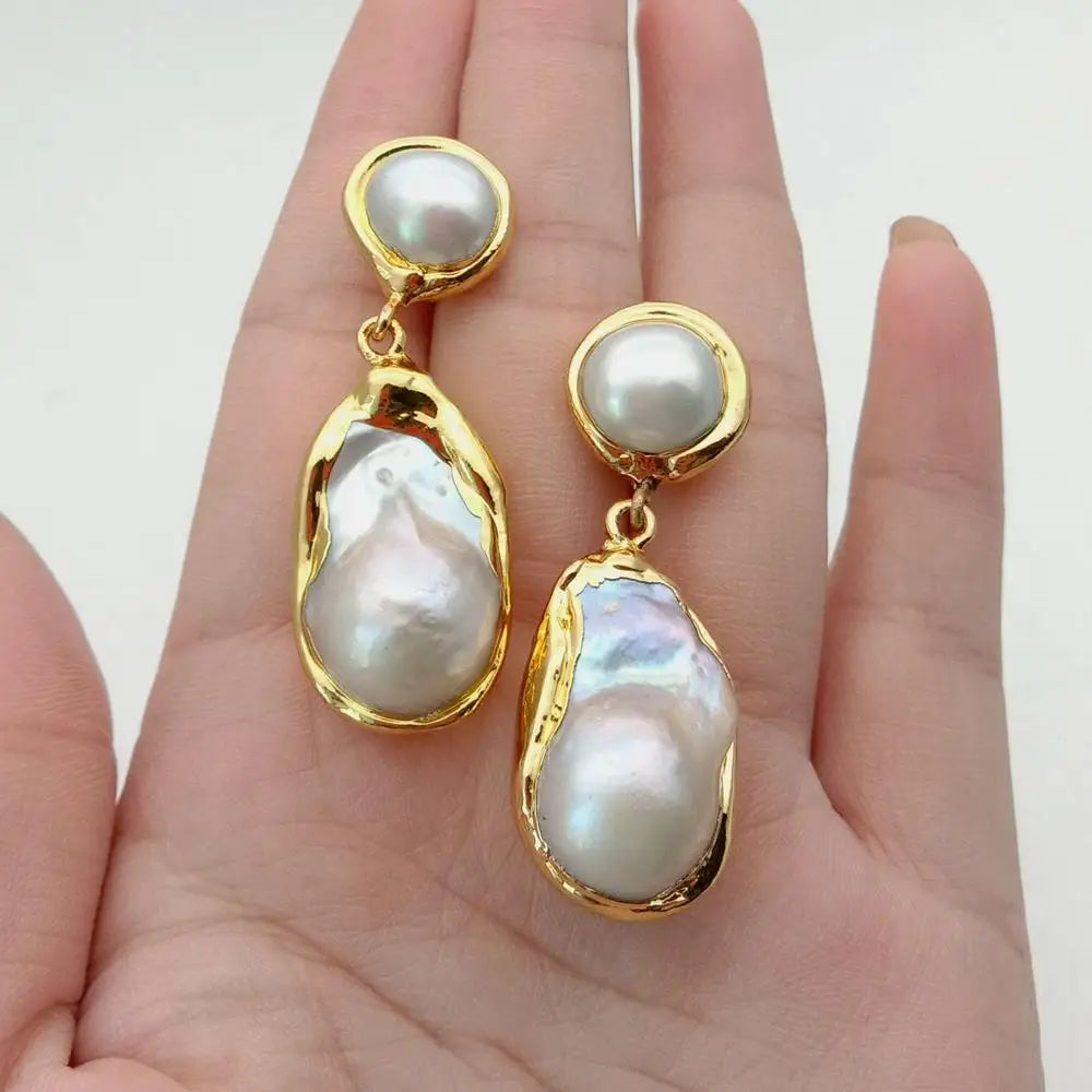 White Keshi Pearl Stud Earrings Gold Plated Classic Design