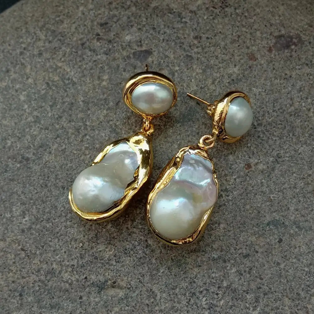 White Keshi Pearl Stud Earrings Gold Plated Classic Design