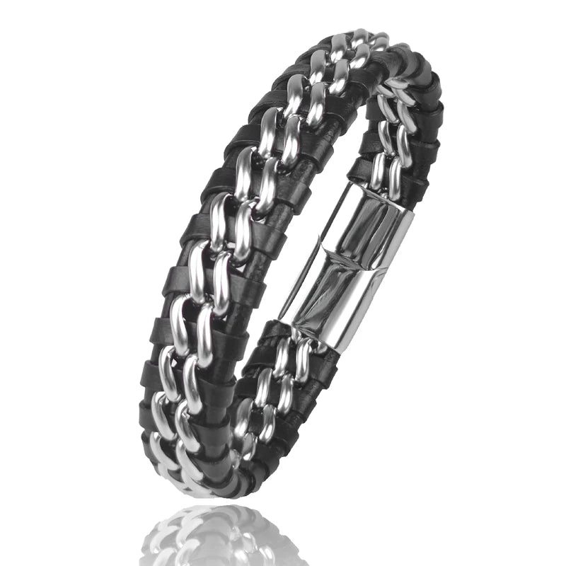 Genuine Leather Chain Bracelet for Men Stainless Steel Clasp