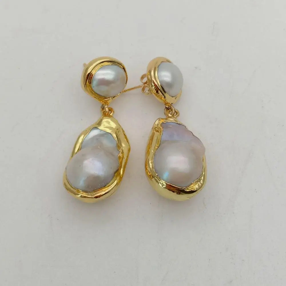 White Keshi Pearl Stud Earrings Gold Plated Classic Design
