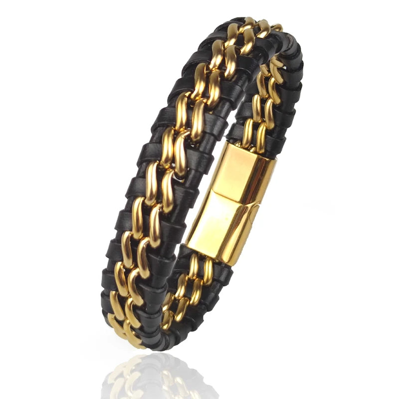 Genuine Leather Chain Bracelet for Men Stainless Steel Clasp