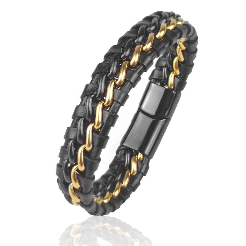 Genuine Leather Chain Bracelet for Men Stainless Steel Clasp