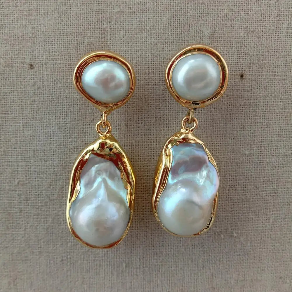 White Keshi Pearl Stud Earrings Gold Plated Classic Design