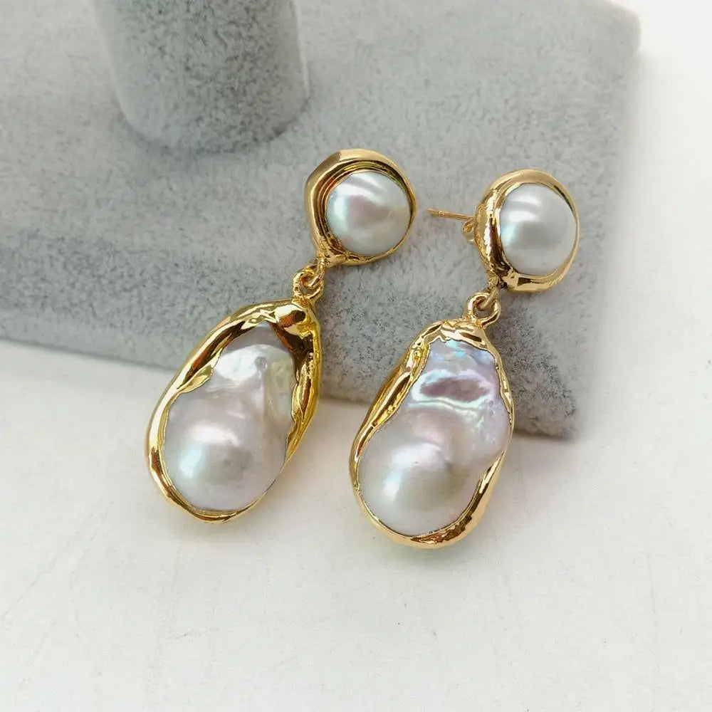 White Keshi Pearl Stud Earrings Gold Plated Classic Design