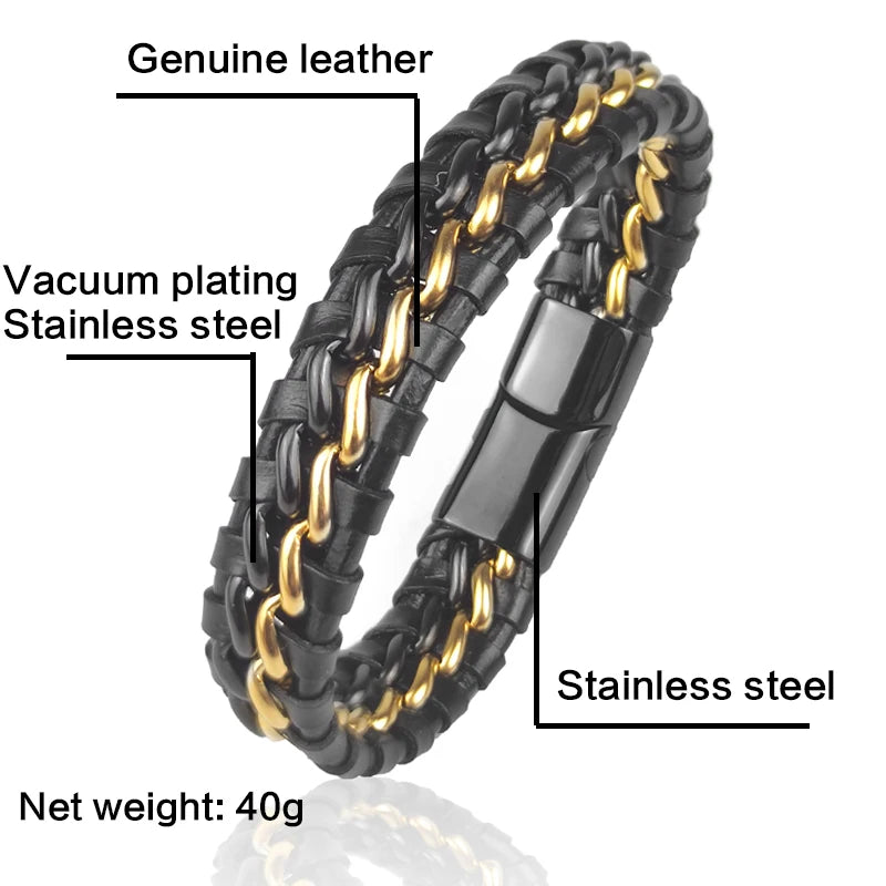 Genuine Leather Chain Bracelet for Men Stainless Steel Clasp