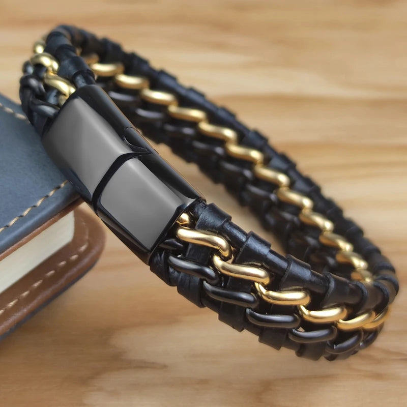 Genuine Leather Chain Bracelet for Men Stainless Steel Clasp