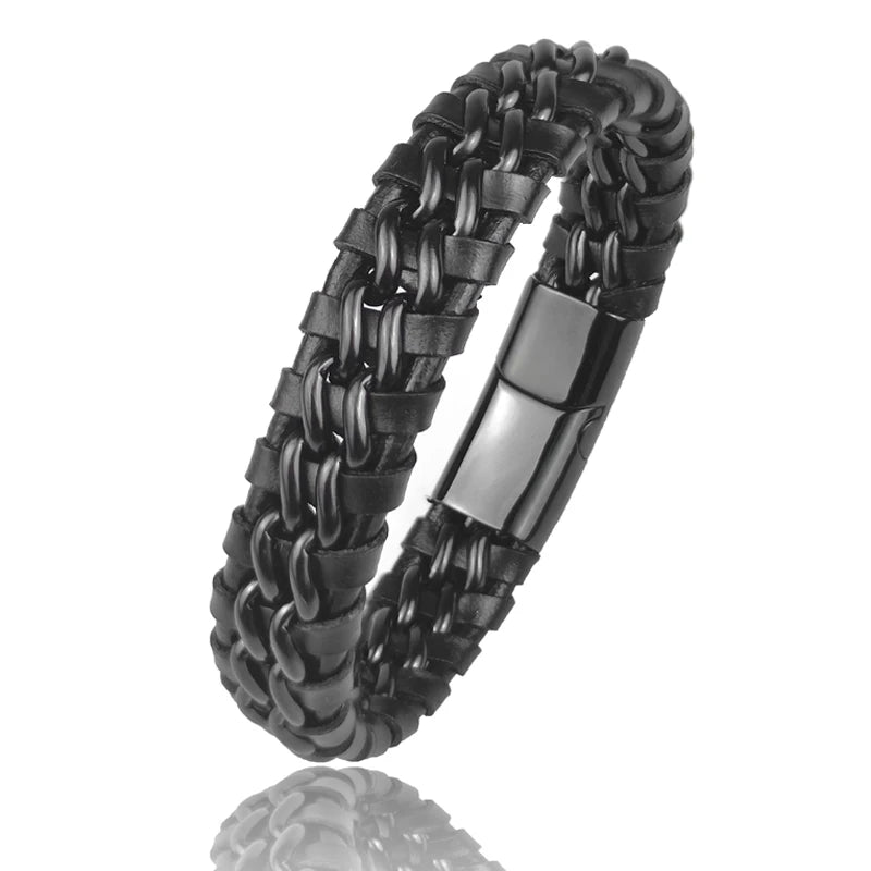 Genuine Leather Chain Bracelet for Men Stainless Steel Clasp