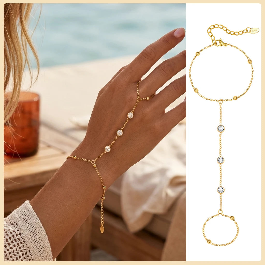 Gold Stainless Steel Hand Chain Ring Bracelet for Women