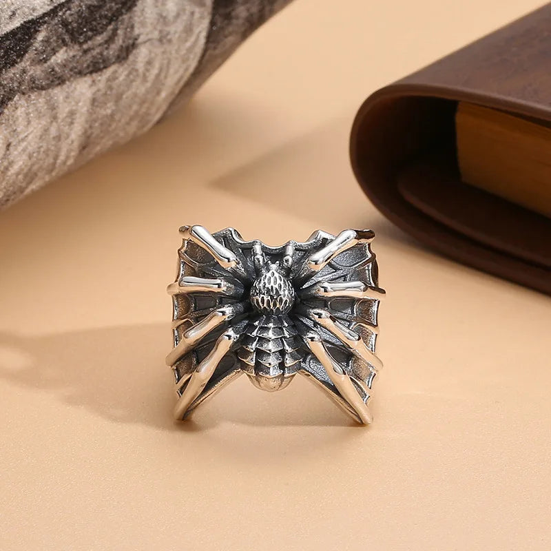Gothic Spider Webs Lizard Ring for Men Antique Silver
