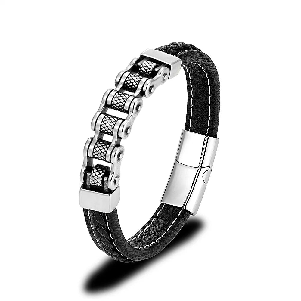 Genuine Leather Bracelet MKENDN Punk Men Biker Chain