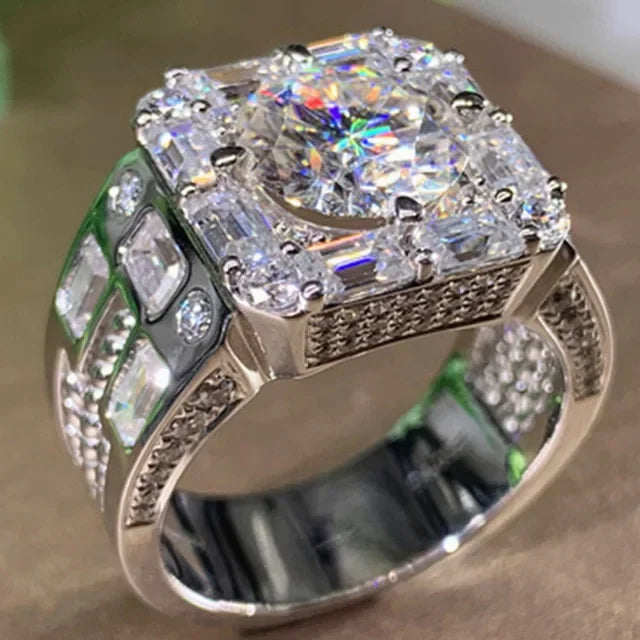 Rhinestone Hip Hop Square Ring Pave Setting CZ Engagement Ring