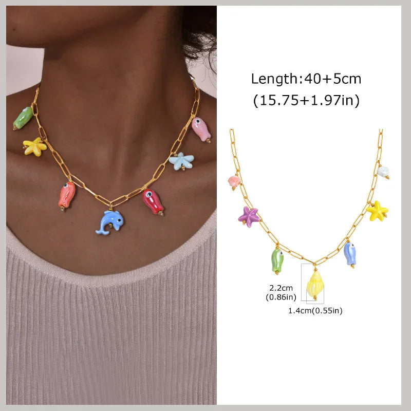 Gold Plated Pearl Shell Conch Starfish Necklace for Women