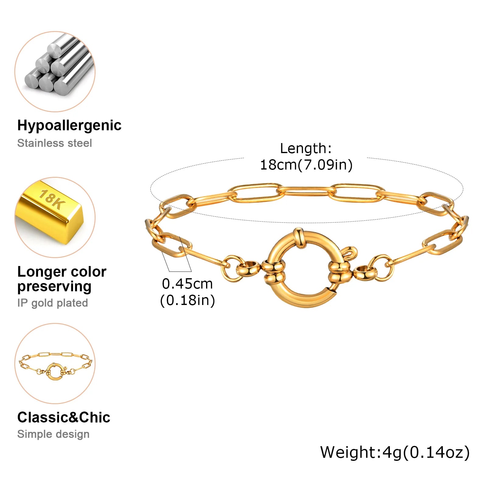 Gold Color Stainless Steel Chain Bracelet for Women