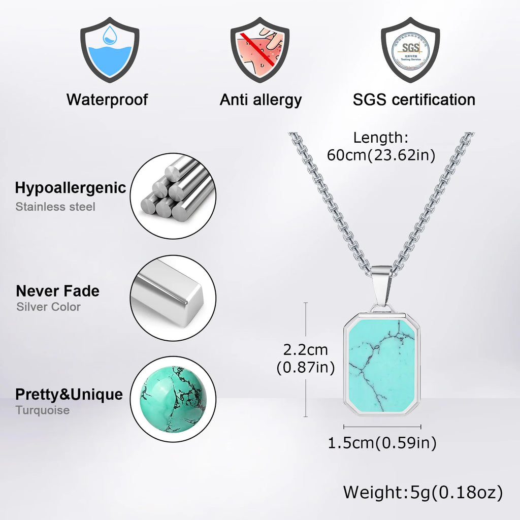 Square Natural Stone Pendant Necklace for Men in Stainless Steel