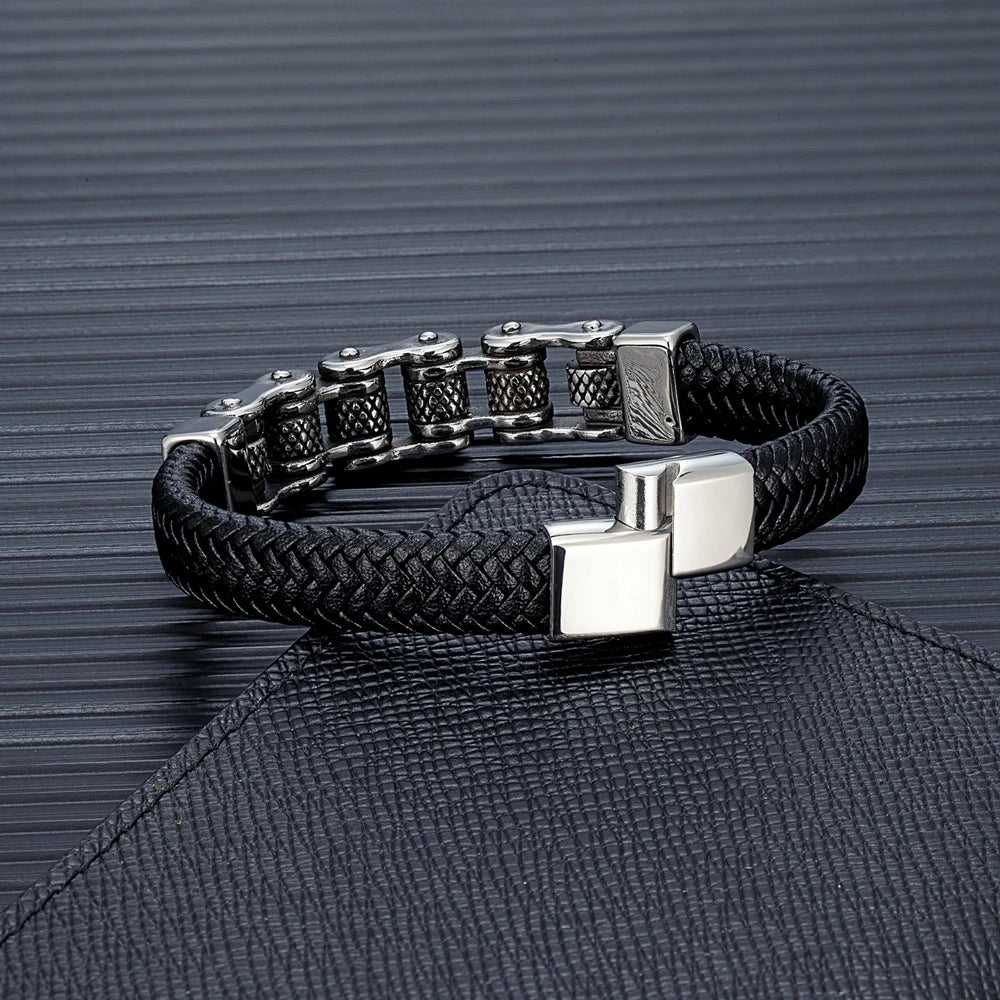 Genuine Leather Bracelet MKENDN Punk Men Biker Chain