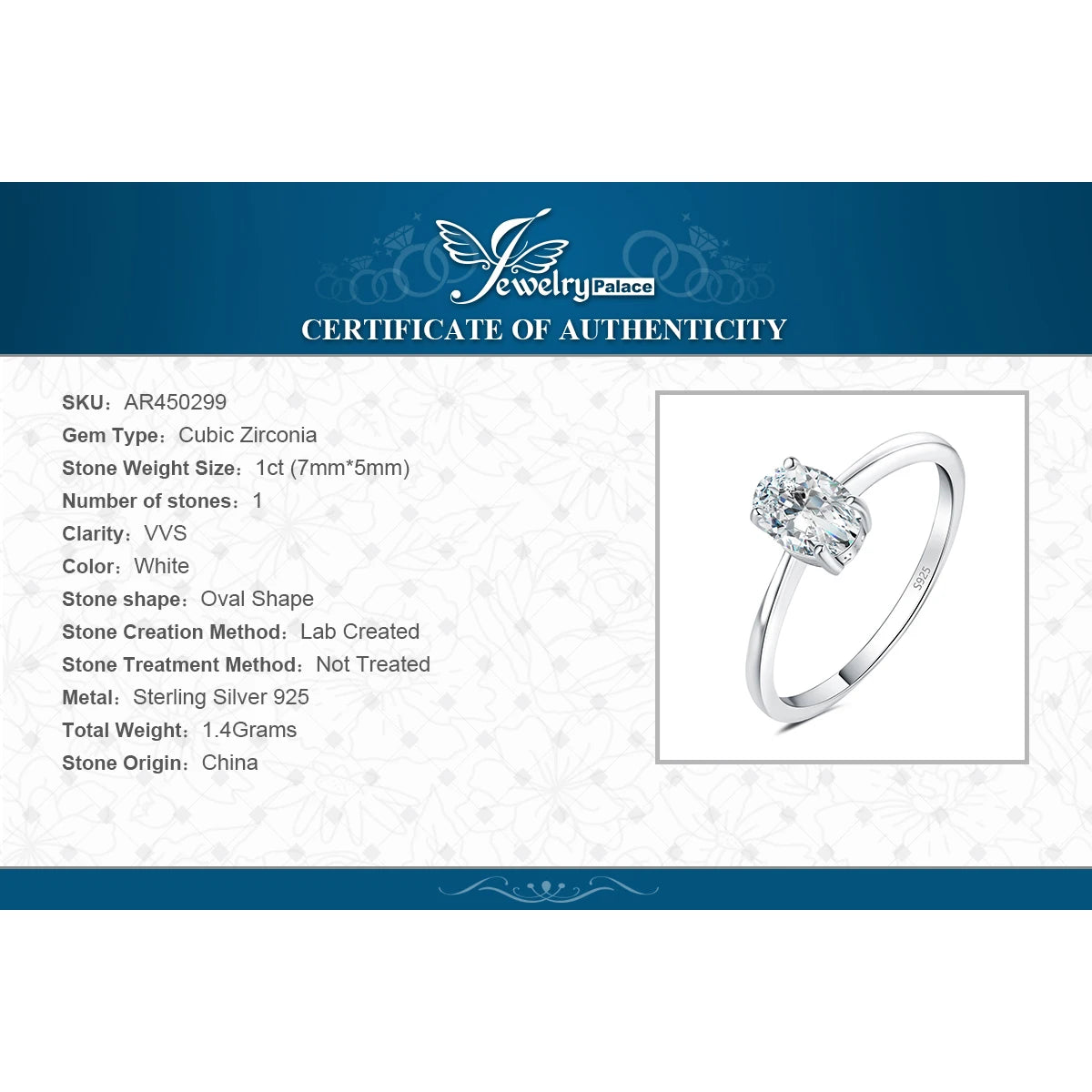 JewelryPalace 925 Sterling Silver Oval Solitaire Engagement Ring