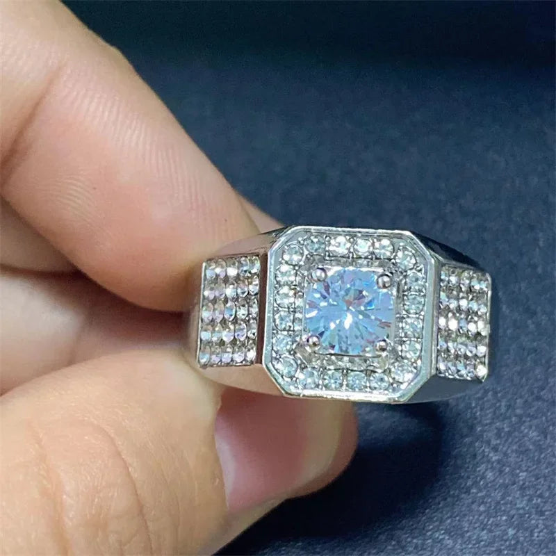 Rhinestone Hip Hop Square Ring Pave Setting CZ Engagement Ring