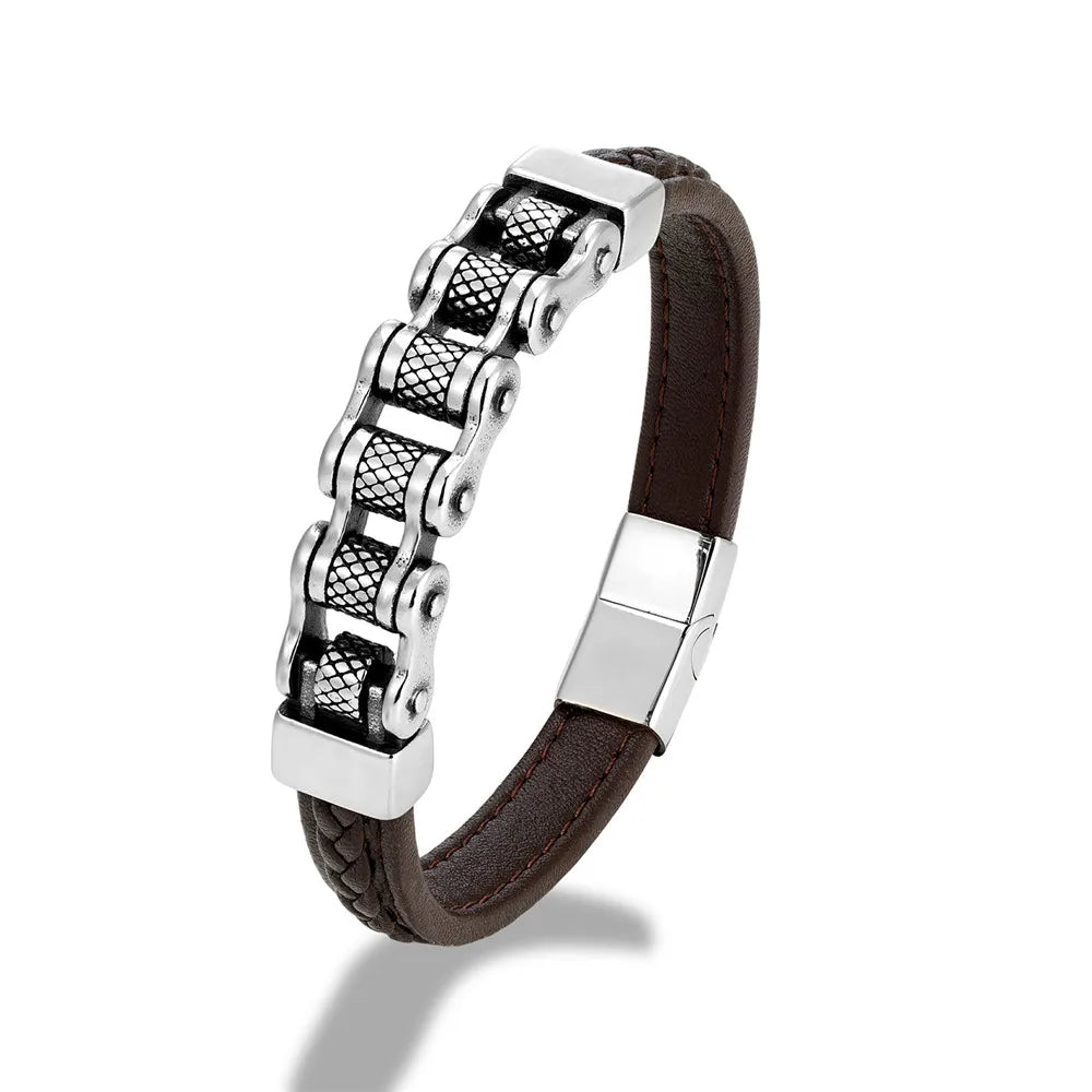 Genuine Leather Bracelet MKENDN Punk Men Biker Chain