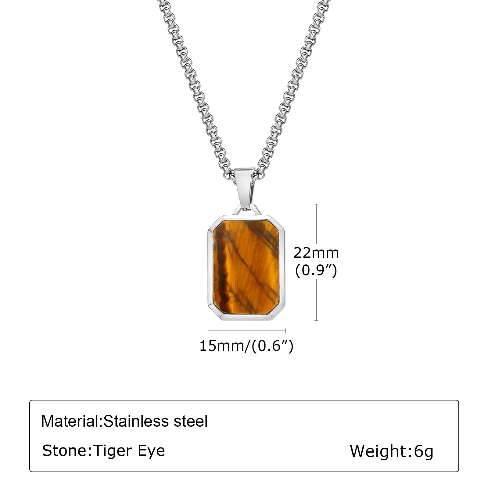 Square Natural Stone Pendant Necklace for Men in Stainless Steel