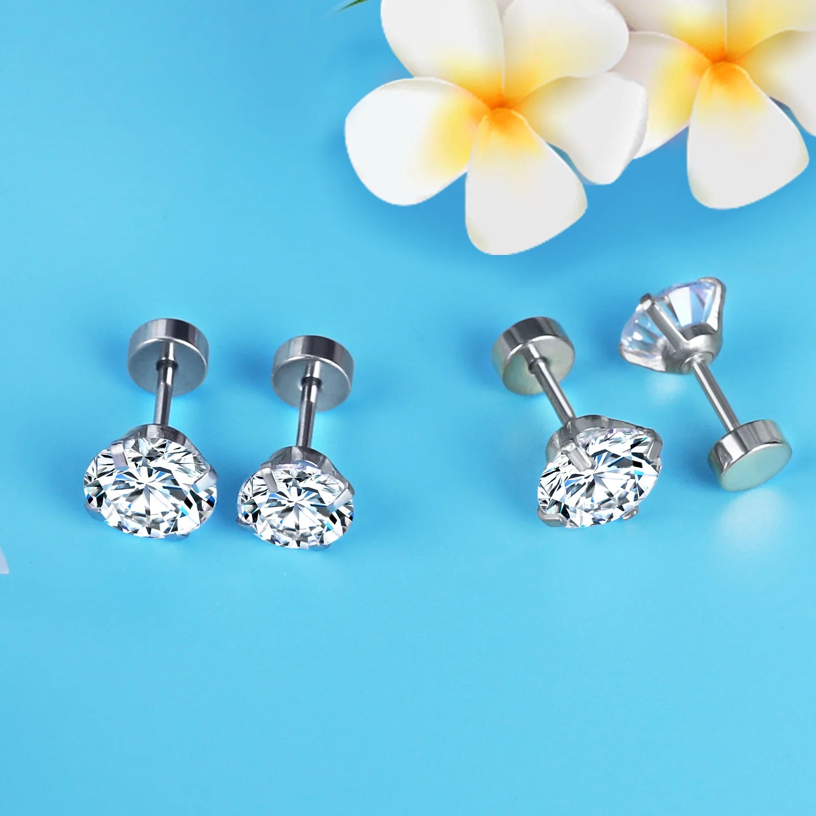 LUXUSTEEL Stainless Steel Round Cubic Zirconia Small Earrings