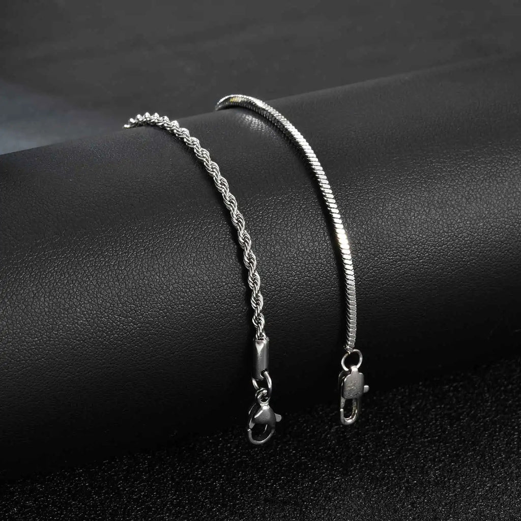 Men's Silver Stainless Steel Chain Bracelets, Adjustable Rope Wristband