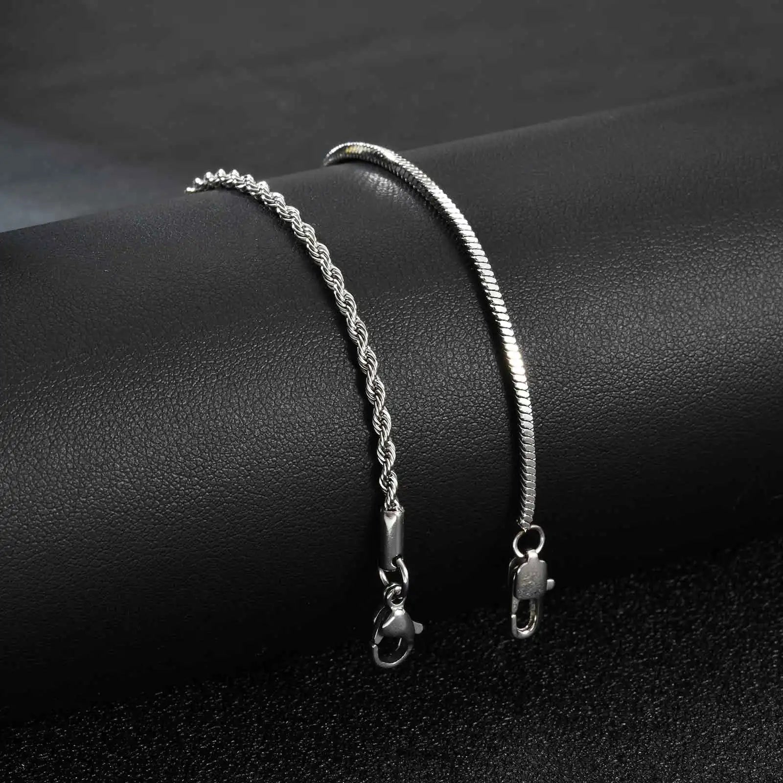 Men's Silver Stainless Steel Chain Bracelets, Adjustable Rope Wristband