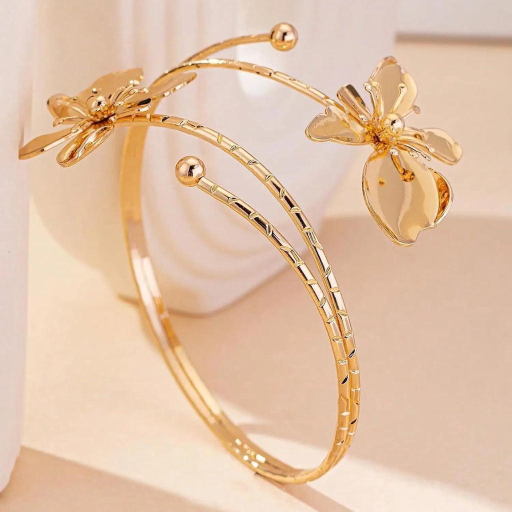 Gold Flower Arm Cuff Bangle Bracelet for Women