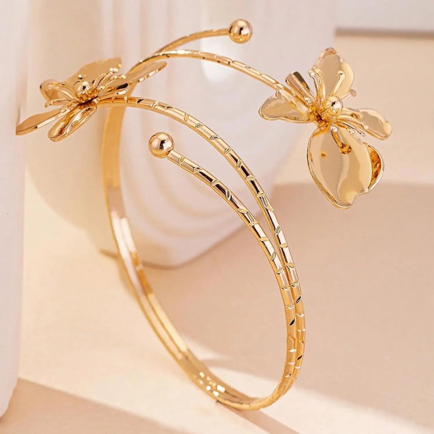 Gold Flower Arm Cuff Bangle Bracelet for Women