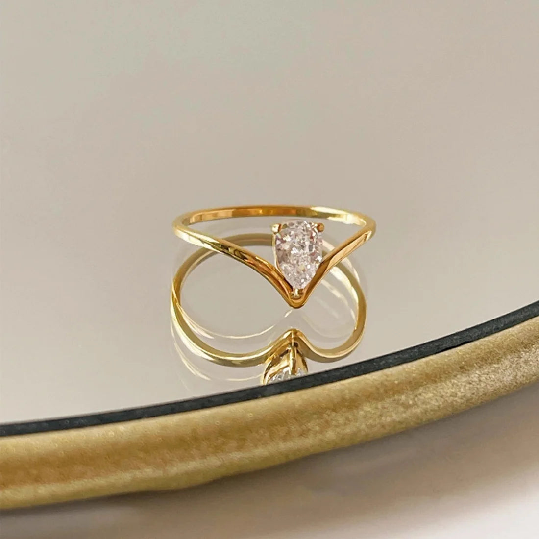 Geometric V Shape Waterdrop Ring Stainless Steel Gold Color