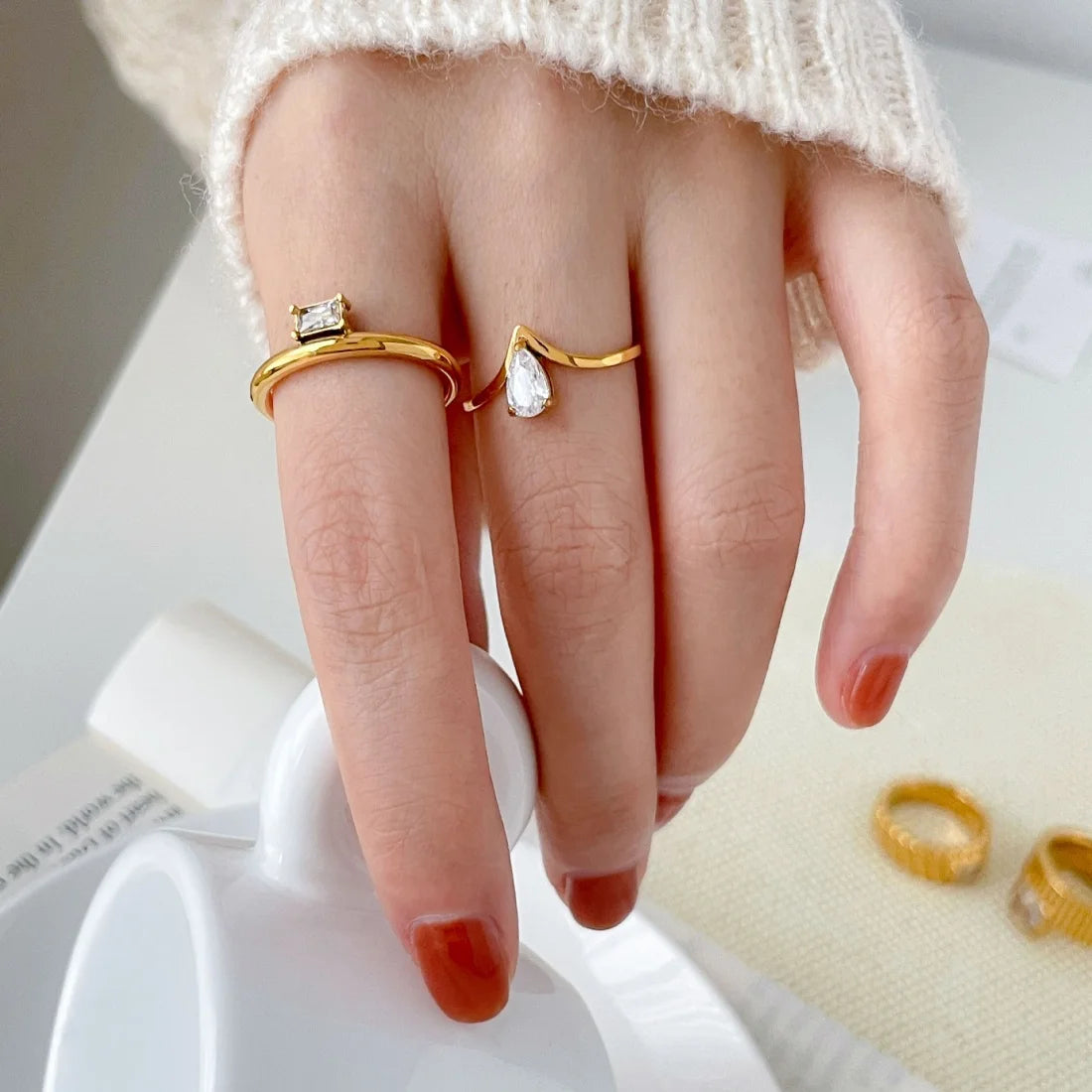 Geometric V Shape Waterdrop Ring Stainless Steel Gold Color