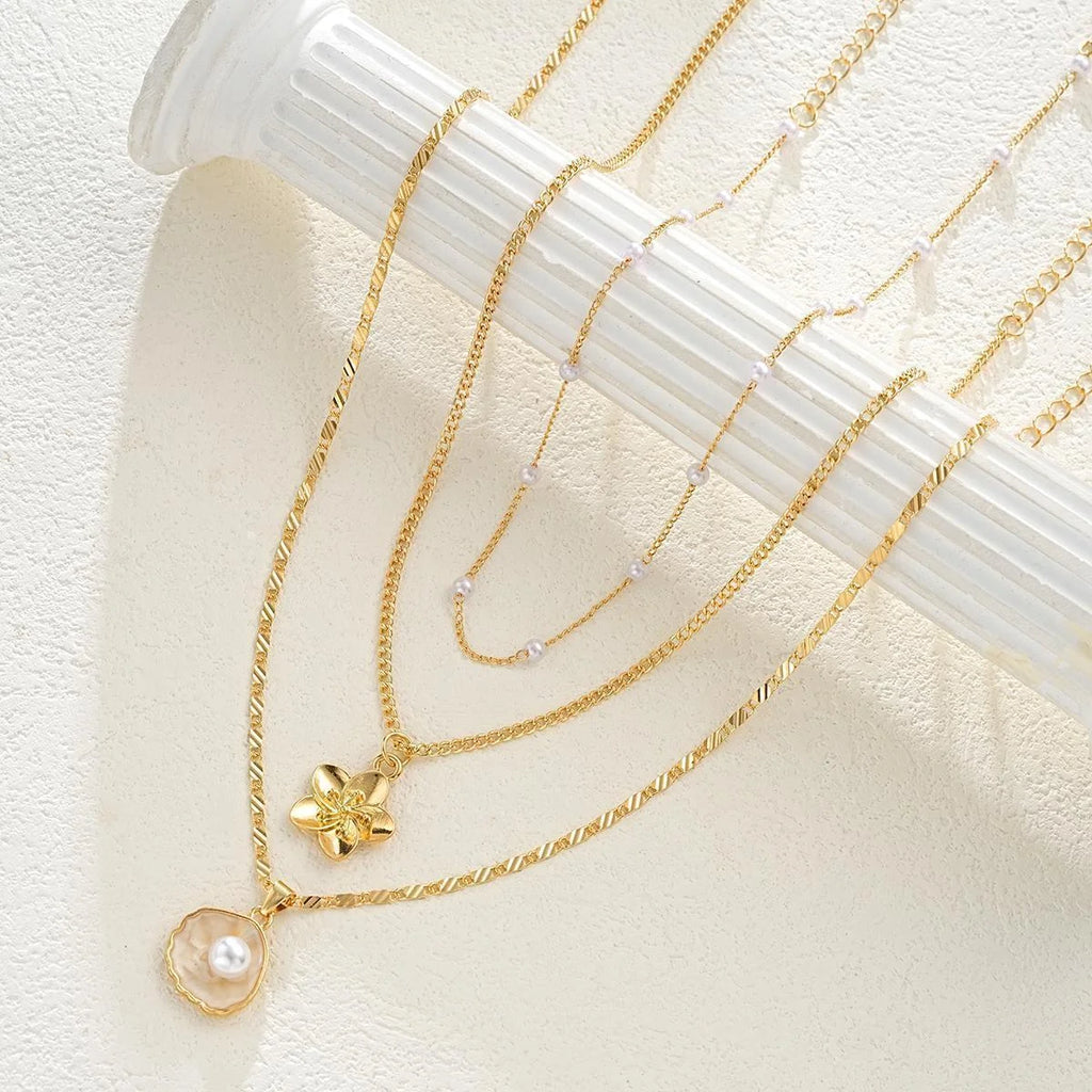 Faux Pearl Seashell Flower Necklace Set for Women