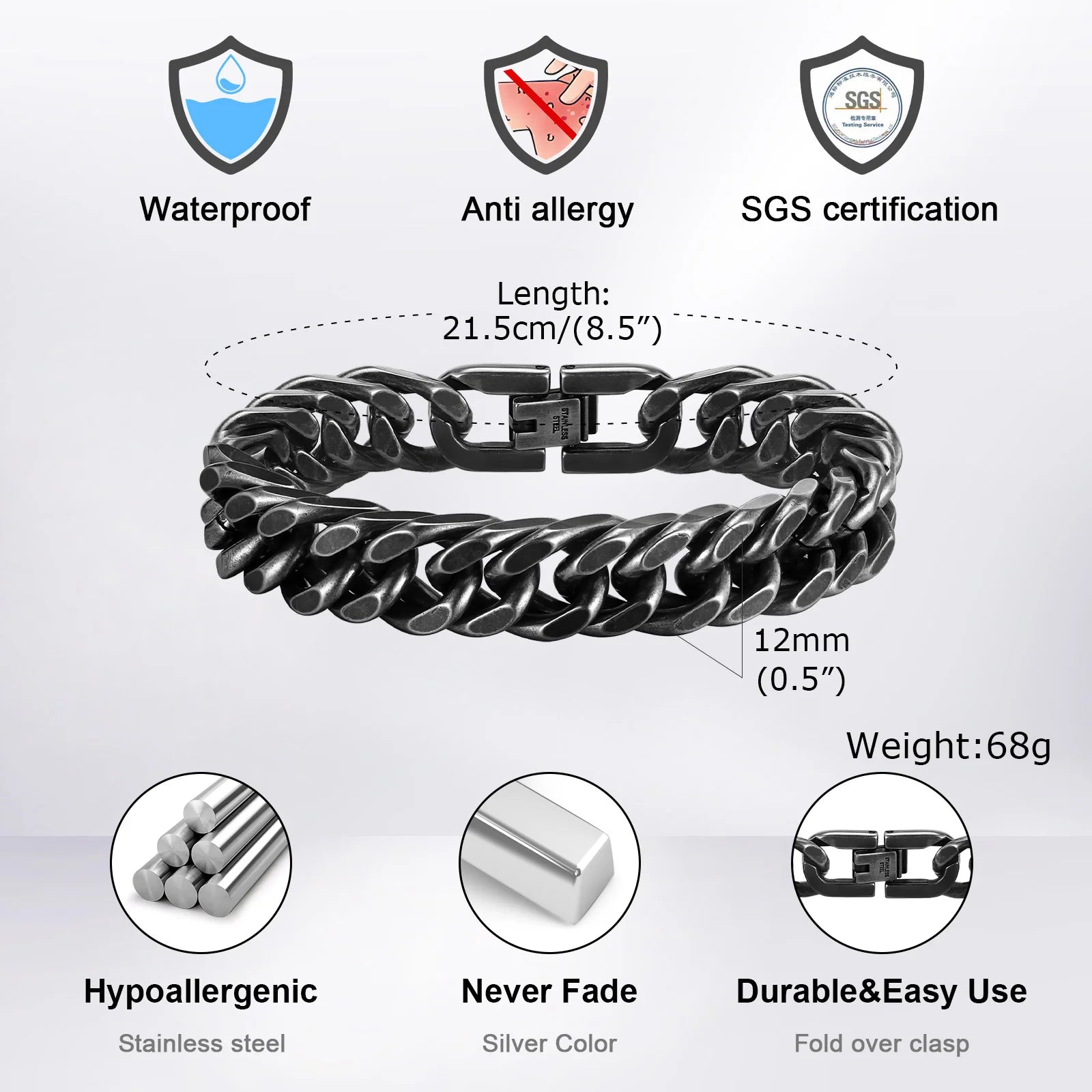 Gold Plated Chunky Chain Bracelet for Men, Stainless Steel