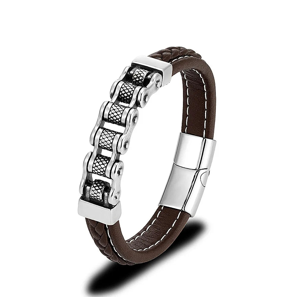 Genuine Leather Bracelet MKENDN Punk Men Biker Chain