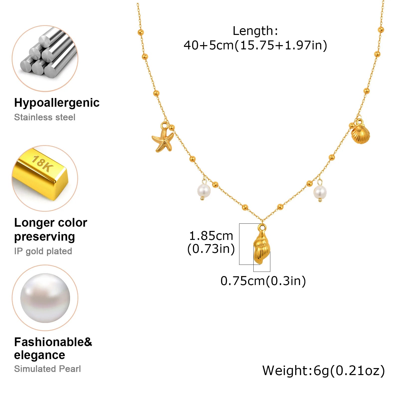 Gold Plated Pearl Shell Conch Starfish Necklace for Women