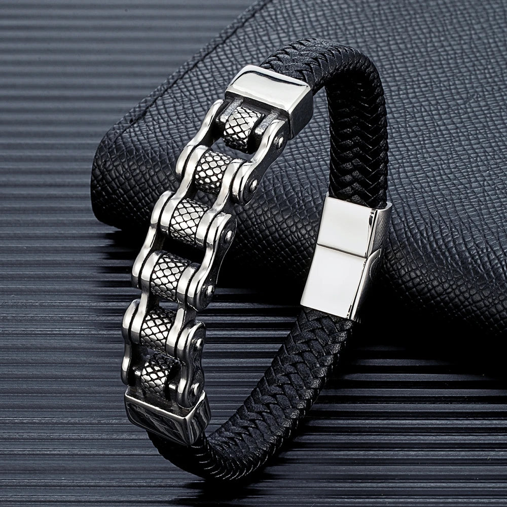 Genuine Leather Bracelet MKENDN Punk Men Biker Chain