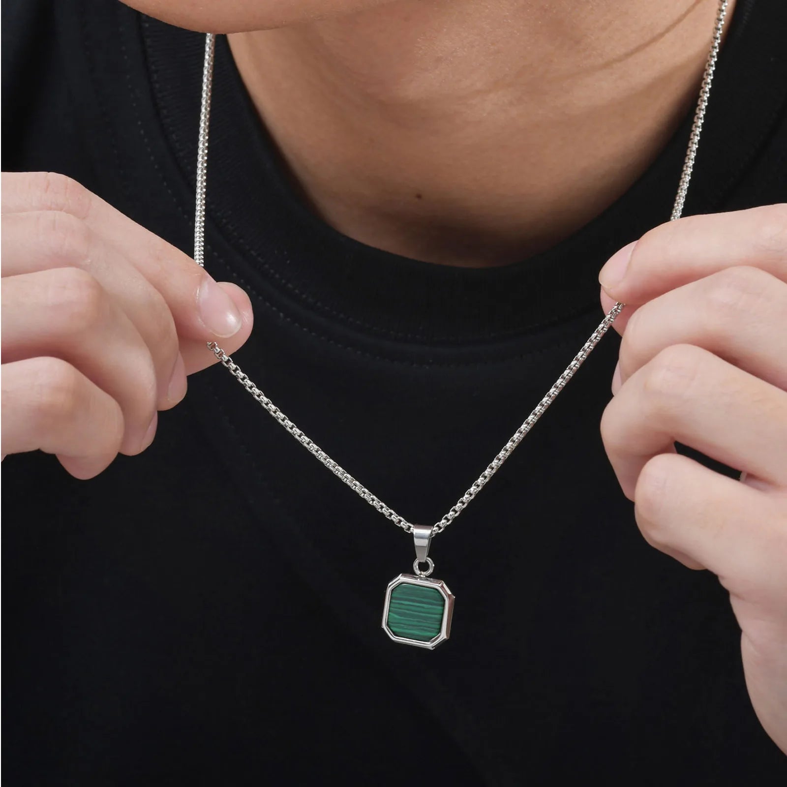 Square Natural Stone Pendant Necklace for Men in Stainless Steel