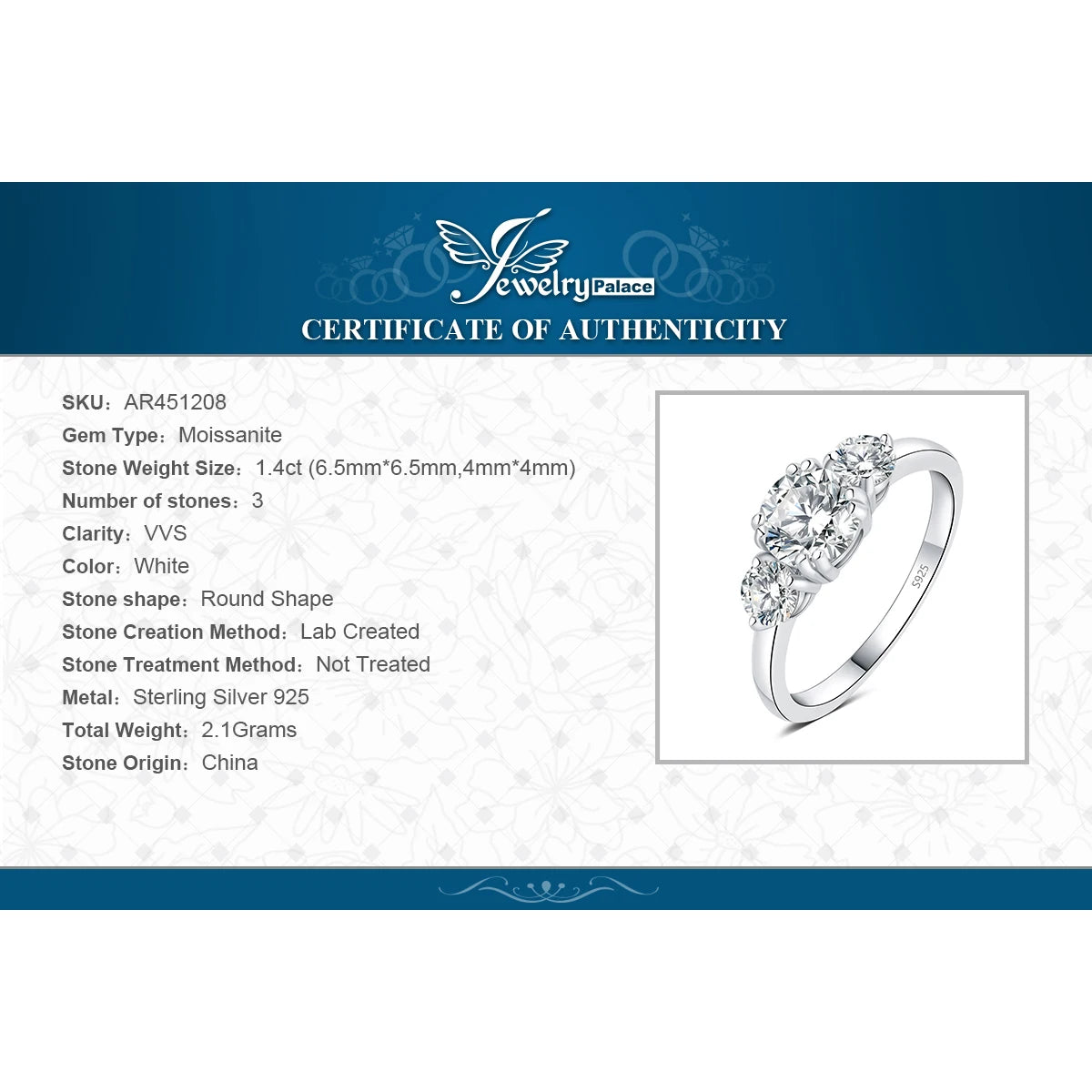 Moissanite D Color 1.4ct JewelryPalace 3 Stone Engagement Ring
