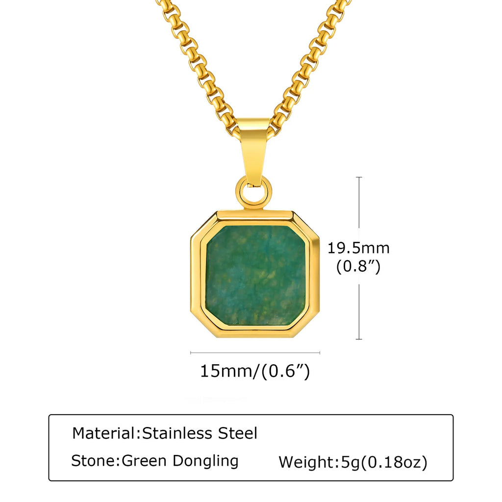 Square Natural Stone Pendant Necklace for Men in Stainless Steel