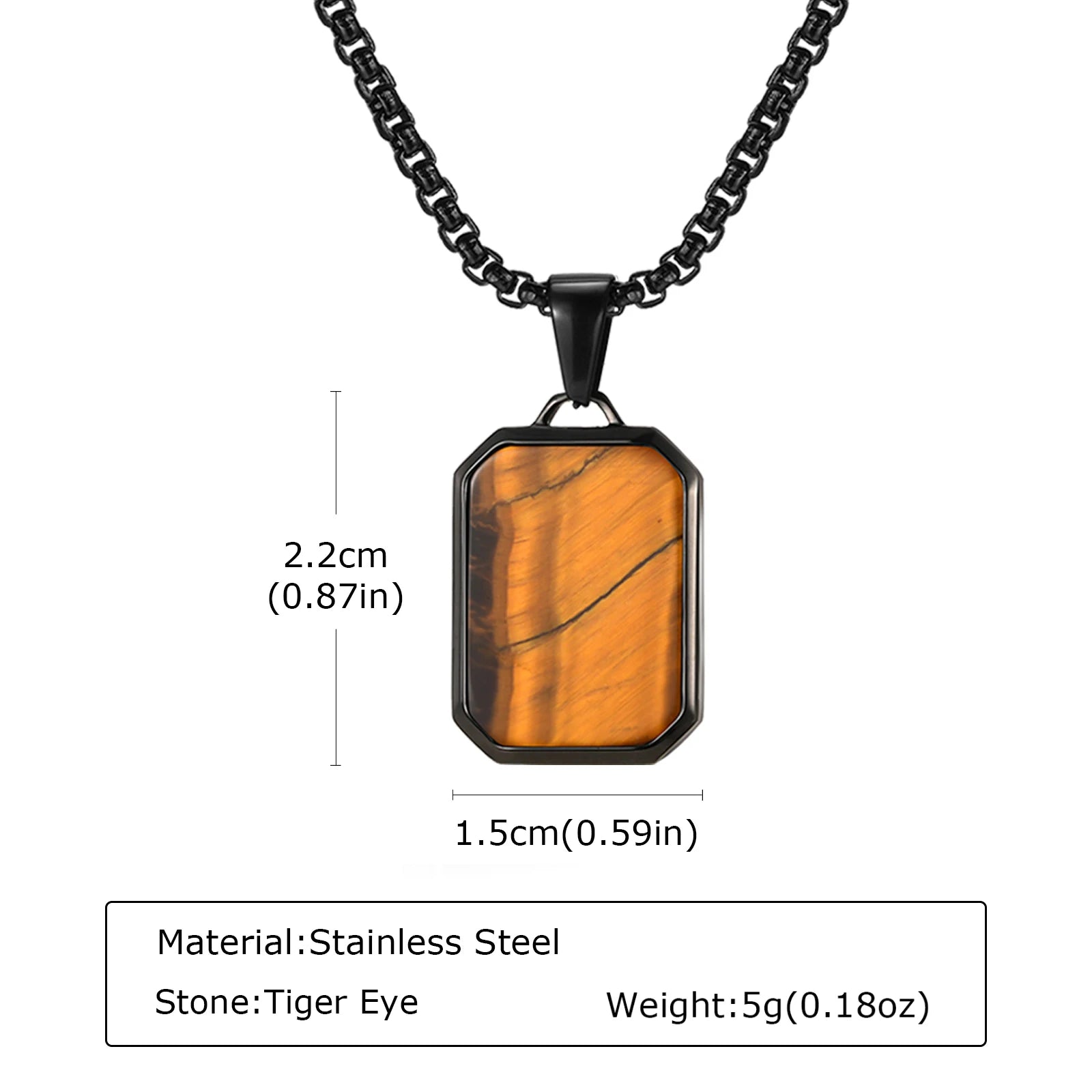 Square Natural Stone Pendant Necklace for Men in Stainless Steel