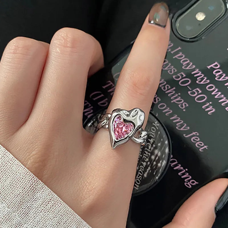 Kpop Gothic Heart Metal Ring for Women in Silver Color