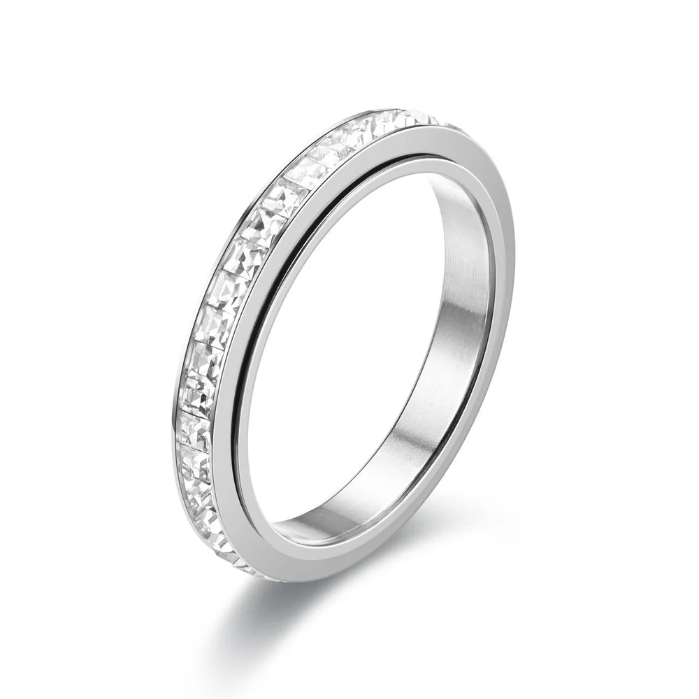 Fidget Anxiety Ring Women's Stainless Steel Crystal Spinner