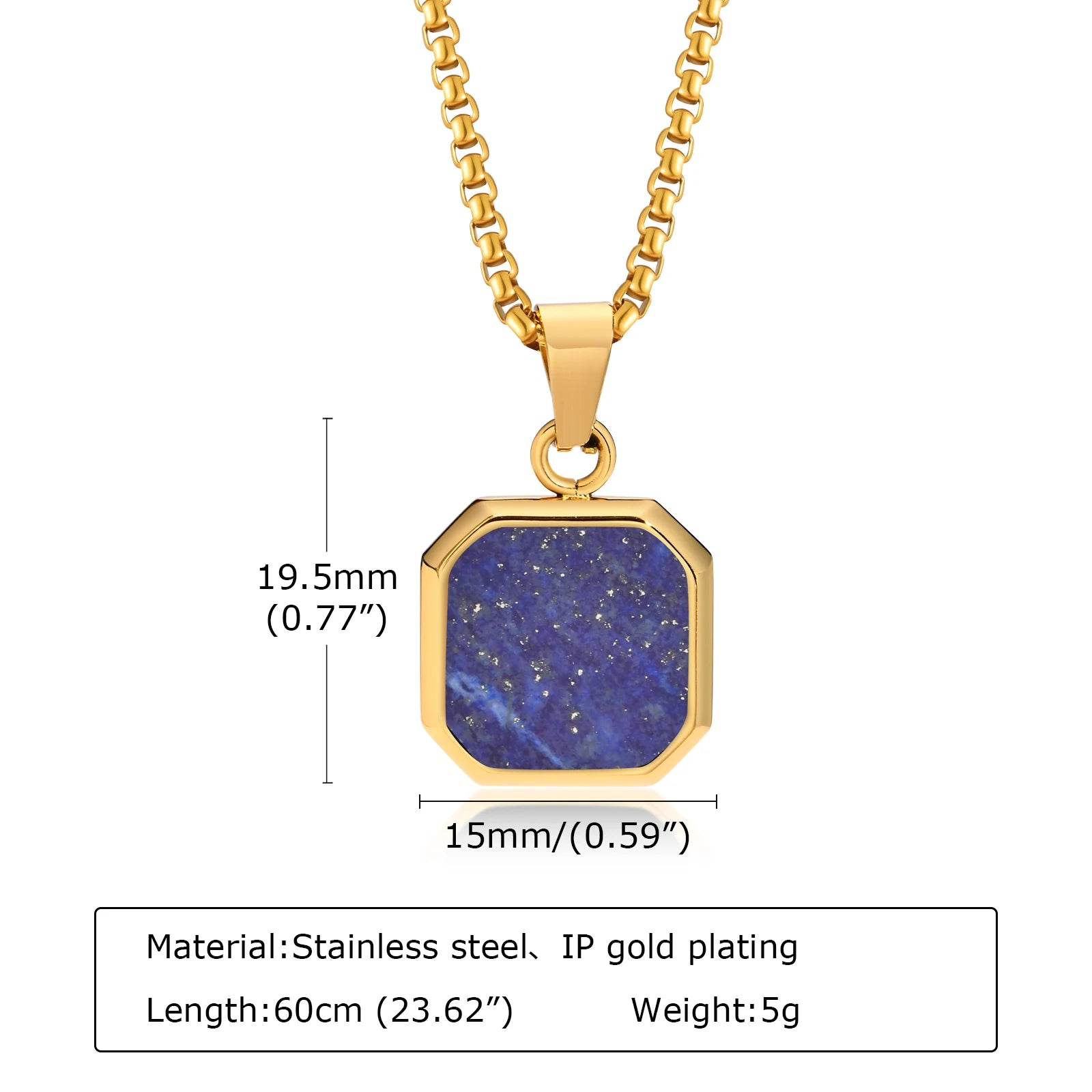Square Natural Stone Pendant Necklace for Men in Stainless Steel