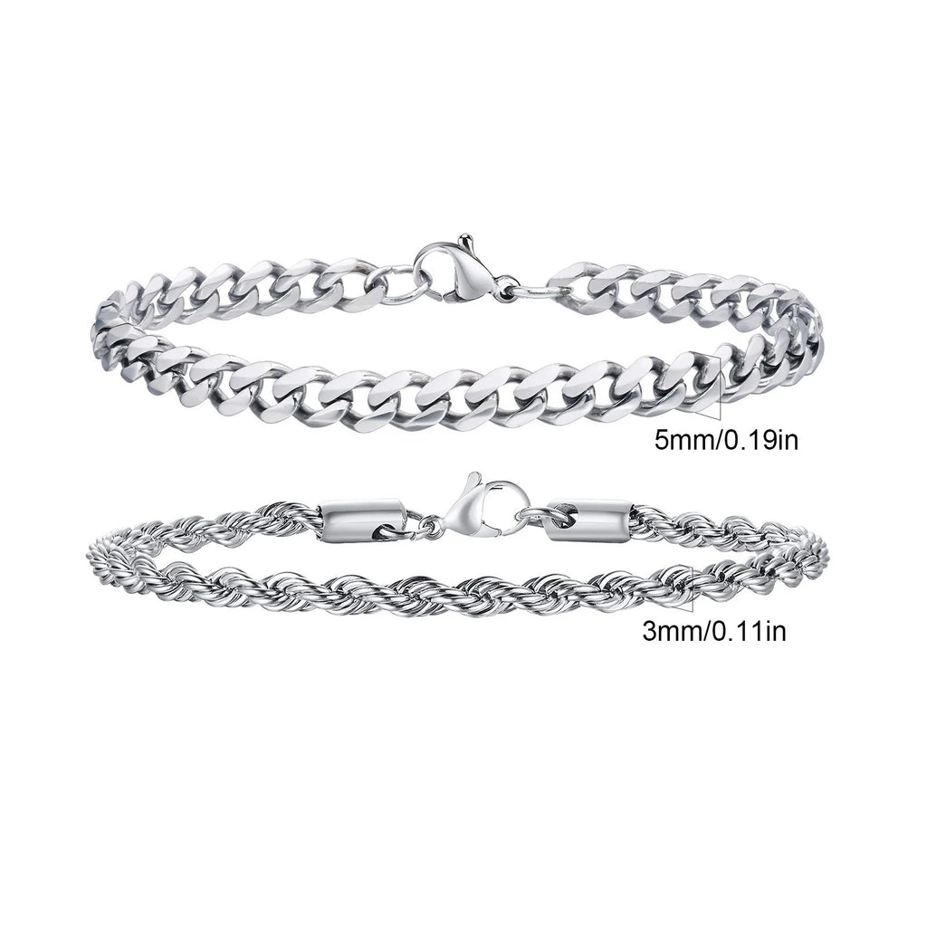 Men's Stainless Steel Chain Bracelets 2pcs Set in Silver Gold Black