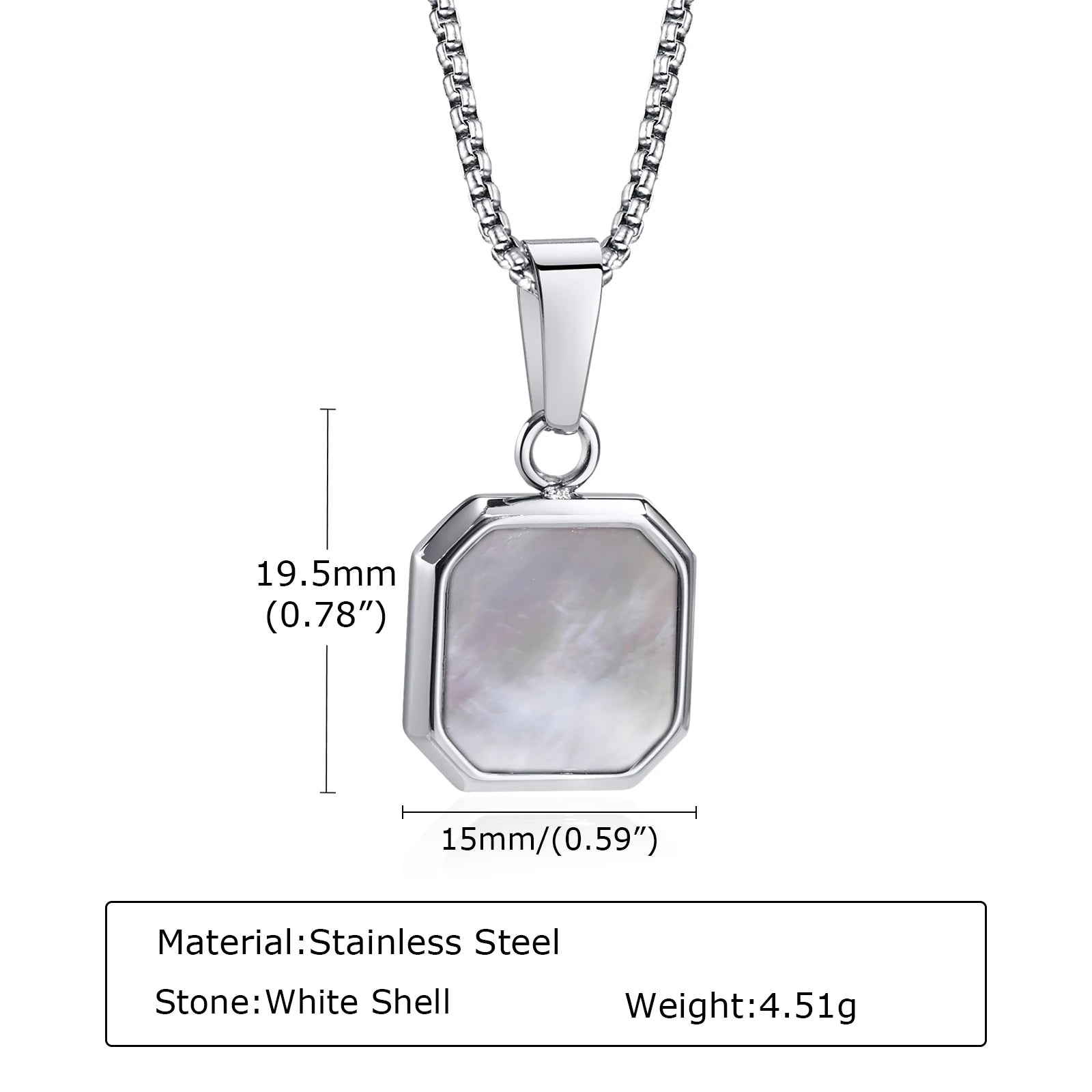 Square Natural Stone Pendant Necklace for Men in Stainless Steel