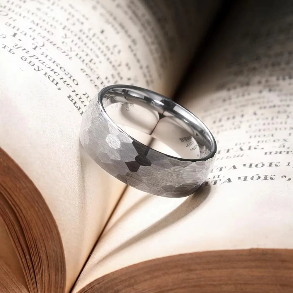Stainless Steel Couple Ring Hammered Multi-faceted Wedding Jewelry