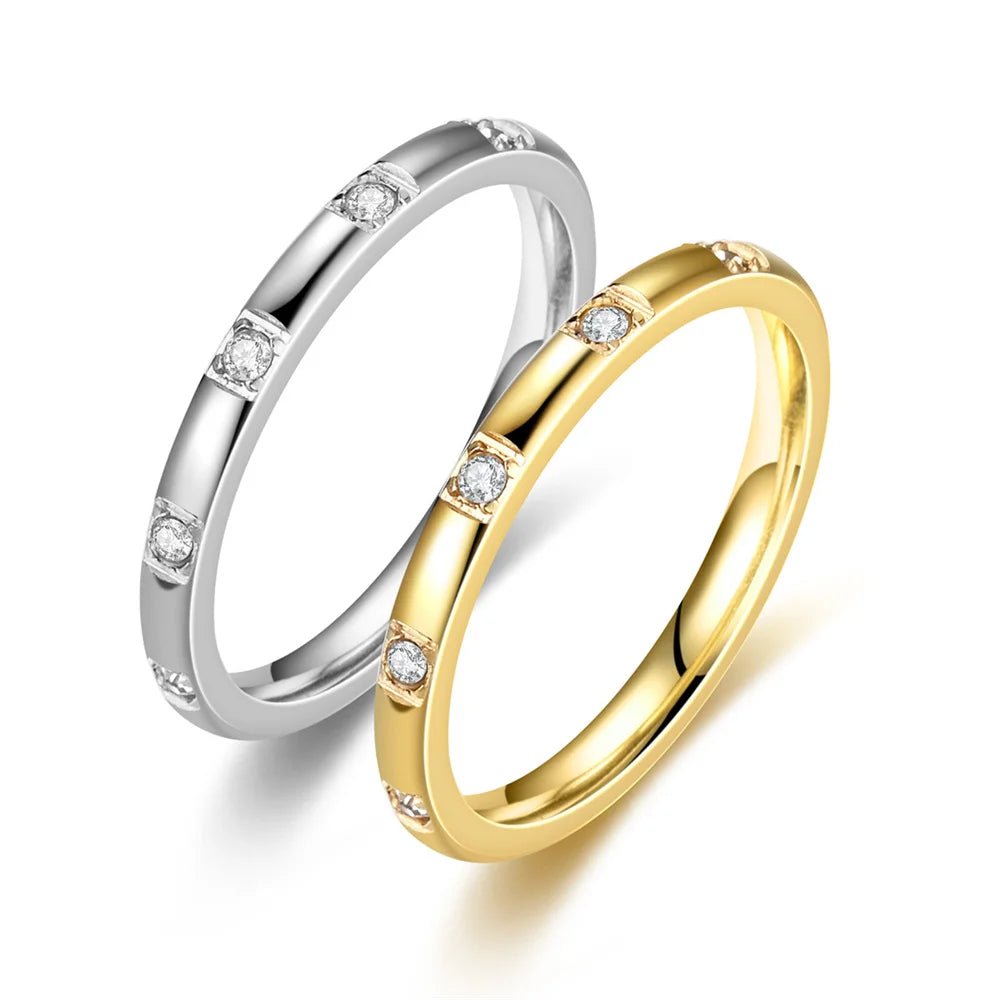 Women's Titanium Stainless Steel Crystal Ring 2mm Silver Color